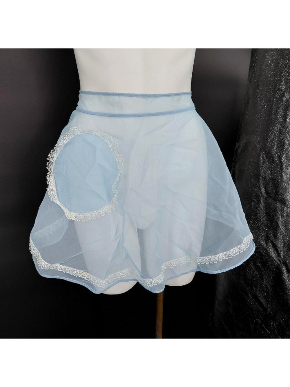 Vint Blue Sheer Waist Apron Lace Pocket Retro Kitchen Hostess Granny Trad Pinup